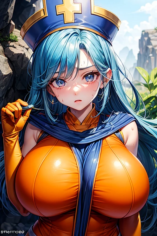 masterpiece, Highest quality,  Unreal Engine,  Super Resolution,  Very detailed, 

Beautiful woman, Dragon Quest Female Monk, long sky blue hair, Blue priest hat, Orange bodysuit, (((Brutabad:1.5))), Elbow-length gloves, Vivid expression, Healthy Body, Beautifully detailed sweat glands, Smooth skin texture, Carefully drawn, 

(humidity:1.5), (Hot Temperatures:1.5), Beautiful Eyes, (Attractive face:1.2), (Beautiful Skin), Tight waist, (Big Breasts), Round Breasts, (Sticky with sweat), Irresistibly sexy pose, 

In the world of Dragon Quest, (Inside the cave where you can see magma), 