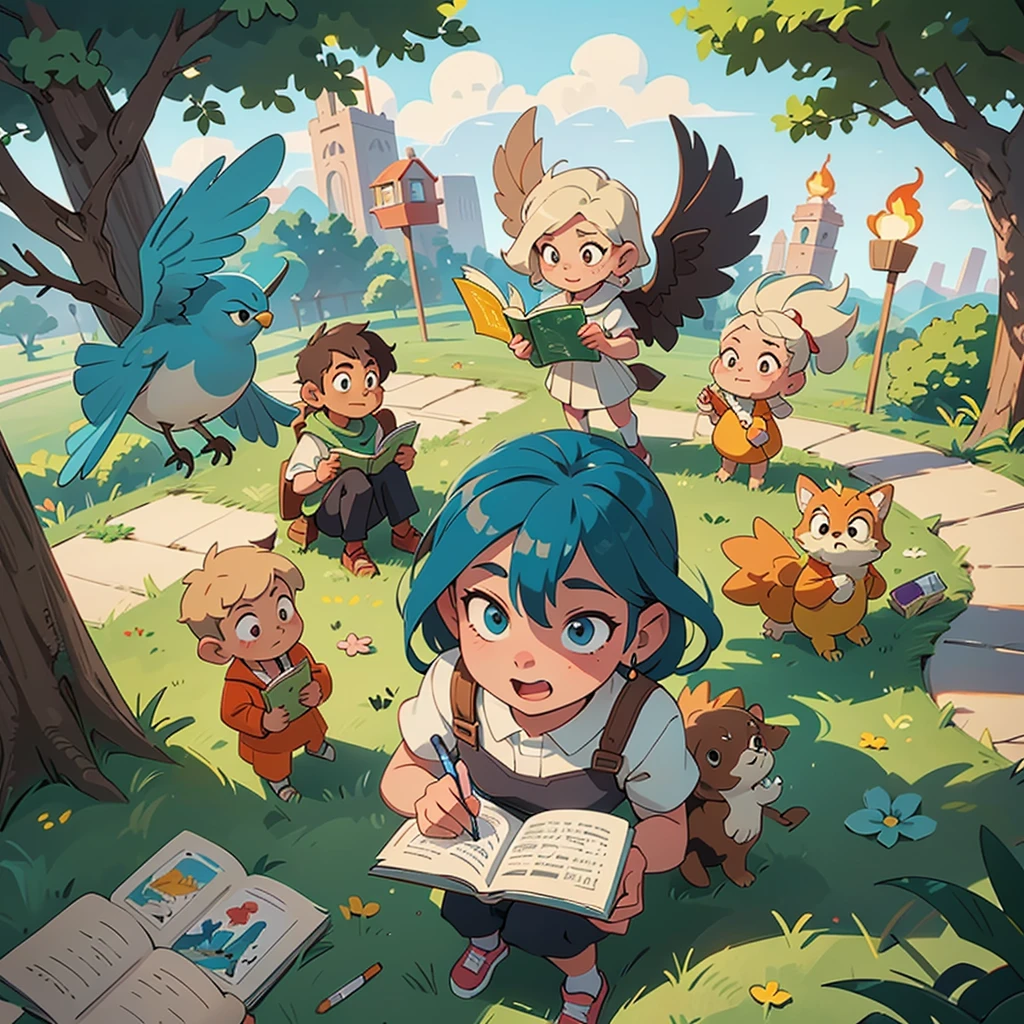 2D stylized image of artists at a park, reading, writing, painting, creating sculptures, friends, fun, inspirational, masterpiece, seen from above, many diverse people, different races and styles, fantastical looking, bird eye view, playing with fire, full of people