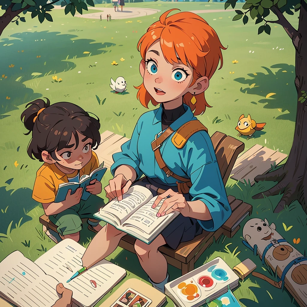 2D stylized image of artists at a park, reading, writing, painting, creating sculptures, friends, fun, inspirational, masterpiece, seen from above, many diverse people, different races and styles, fantastical looking, bird eye view, playing with fire, full of people