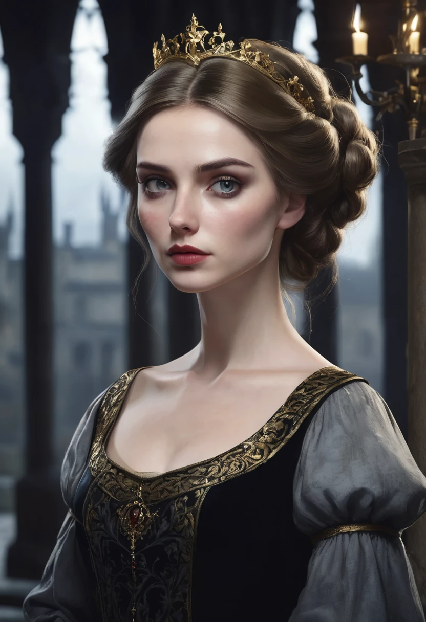 1 woman, inside a dark and gloomy castle, wearing an elegant black medieval dress, detailed facial features, thin eyebrows, blue-gray female eyes, detailed white skin, golden brown hair in an elegant bun, dramatic lighting, cinematic composition, dark palette, dark colors, gloomy colors, atmospheric haze, thin chin, serious face, thin body, thin face, red lipstick, ultra realistic beautiful woman (best quality, 4K, 8K, high resolution, art: 1.2), ultra detailed (realistic, photorealistic, photorealistic: 1.37) -
