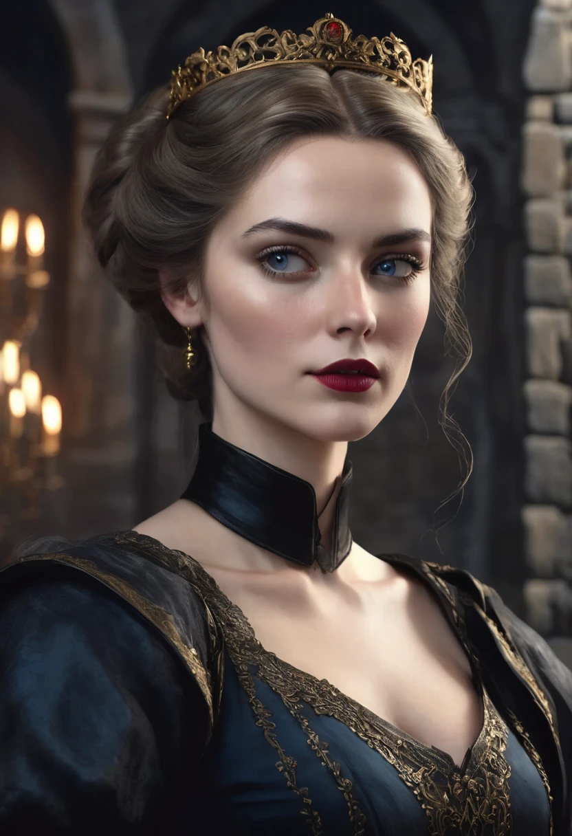 1 woman, inside a dark and gloomy castle, wearing an elegant black medieval dress, detailed facial features, thin eyebrows, blue-gray female eyes, detailed white skin, golden brown hair in an elegant bun, dramatic lighting, cinematic composition, dark palette, dark colors, gloomy colors, atmospheric haze, thin chin, serious face, thin body, thin face, red lipstick, ultra realistic beautiful woman (best quality, 4K, 8K, high resolution, art: 1.2), ultra detailed (realistic, photorealistic, photorealistic: 1.37) -