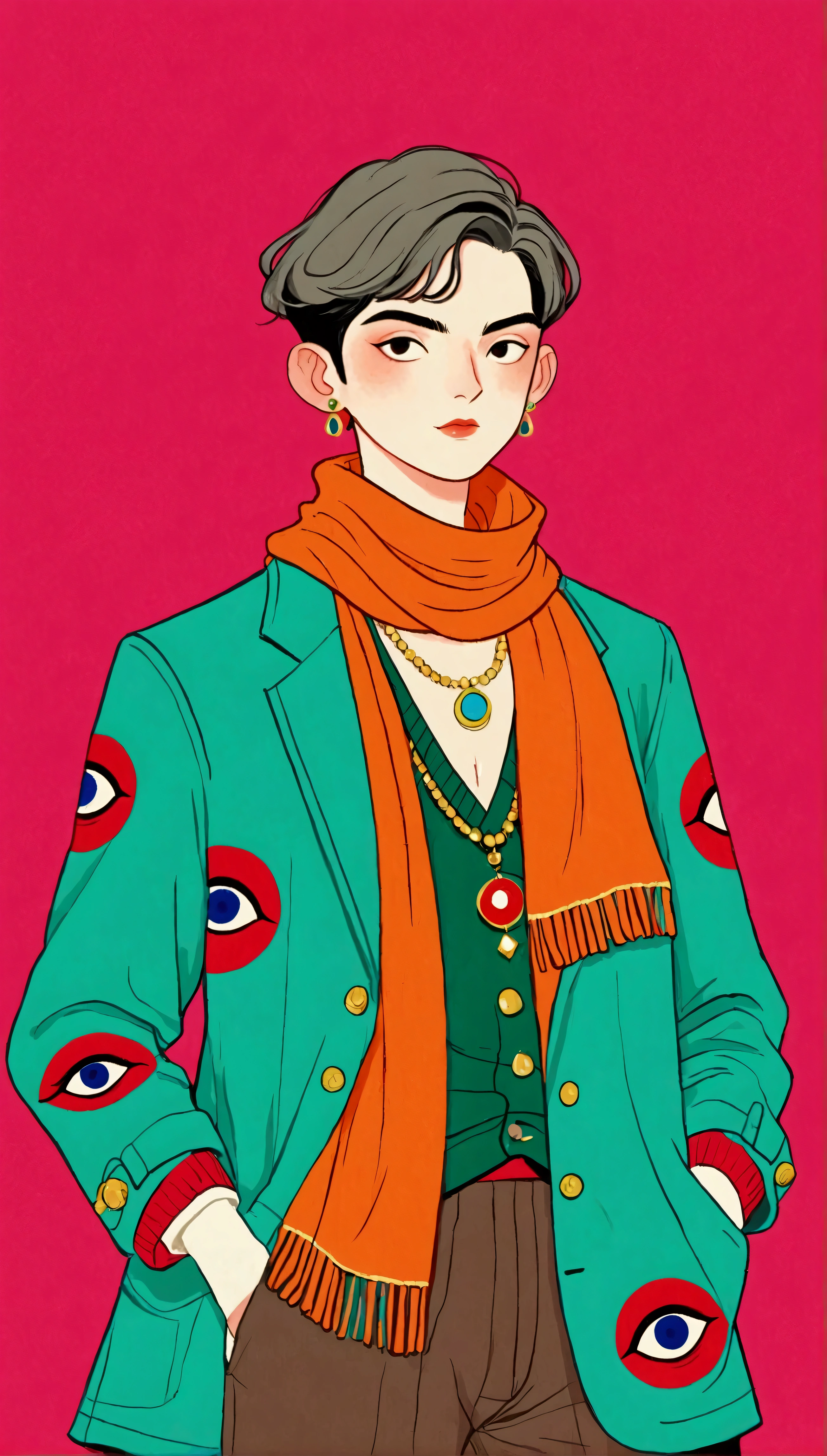 In a painting，A man in a colorful jacket、戴着scarf的精致雌雄同体王子,((( short hair，The third eye on clothes,Eye necklace，scarf，Hands in pockets)))，temperament，独奏，Gouache inspired by Lubin Baugin, cg Social Hotspot, Cloisonnism, detailed Fashion Illustration, Fashion Illustration, luxury Fashion Illustration, Hanfu, Complex Abstract. (Gucci style), Color illustrations, cypherpunk Fashion Illustration, ,(((Solid color background)))
