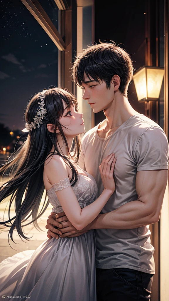 Bathed in the soft glow of moonlight, a couple is enveloped in a romantic embrace beneath the stars, their love palpable in the cool night air. The scene captures their intimate moment under the enchanting canopy of night, with their silhouettes against the darkened sky. Every detail is expertly rendered, from the gentle sway of their bodies to the subtle caress of their hands. The image exudes a sense of timeless romance, drawing viewers into their world of love and connection.