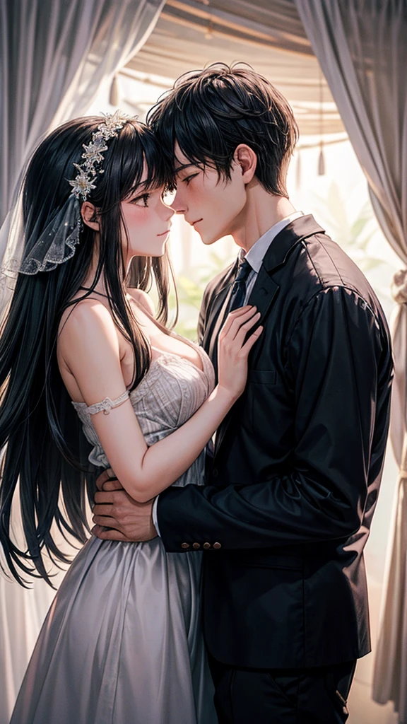 Bathed in the soft glow of moonlight, a couple is enveloped in a romantic embrace beneath the stars, their love palpable in the cool night air. The scene captures their intimate moment under the enchanting canopy of night, with their silhouettes against the darkened sky. Every detail is expertly rendered, from the gentle sway of their bodies to the subtle caress of their hands. The image exudes a sense of timeless romance, drawing viewers into their world of love and connection.