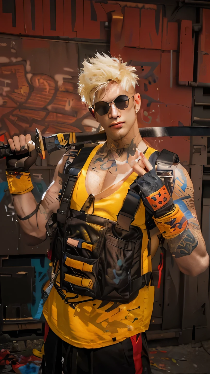 The image portrays a muscular man with a tattooed face, wearing a yellow tank top and holding two swords, standing confidently in front of graffiti.