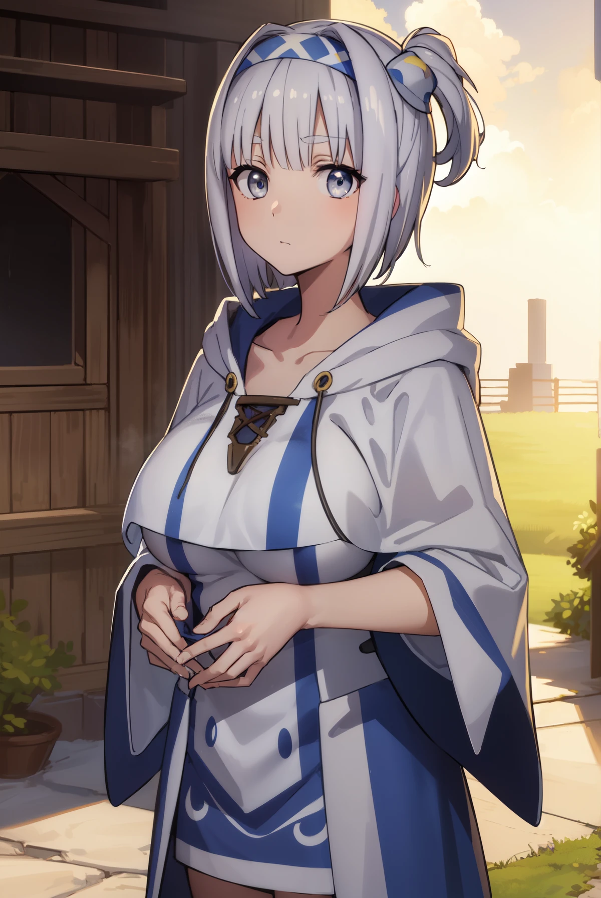 synelokk, syne lokk, short hair, bangs, hair ornament, white hair, hairband, side ponytail, (grey eyes:1.3), BREAK collarbone, hood, cloak, BREAK outdoors, forest, nature, sky, sun, clouds, ((large_breast)), grass, (((big_breast))), looking at viewer, (cowboy shot:1.5), BREAK (masterpiece:1.2), best quality, high resolution, unity 8k wallpaper, (illustration:0.8), (beautiful detailed eyes:1.6), extremely detailed face, perfect lighting, extremely detailed CG, (perfect hands, perfect anatomy),ñ