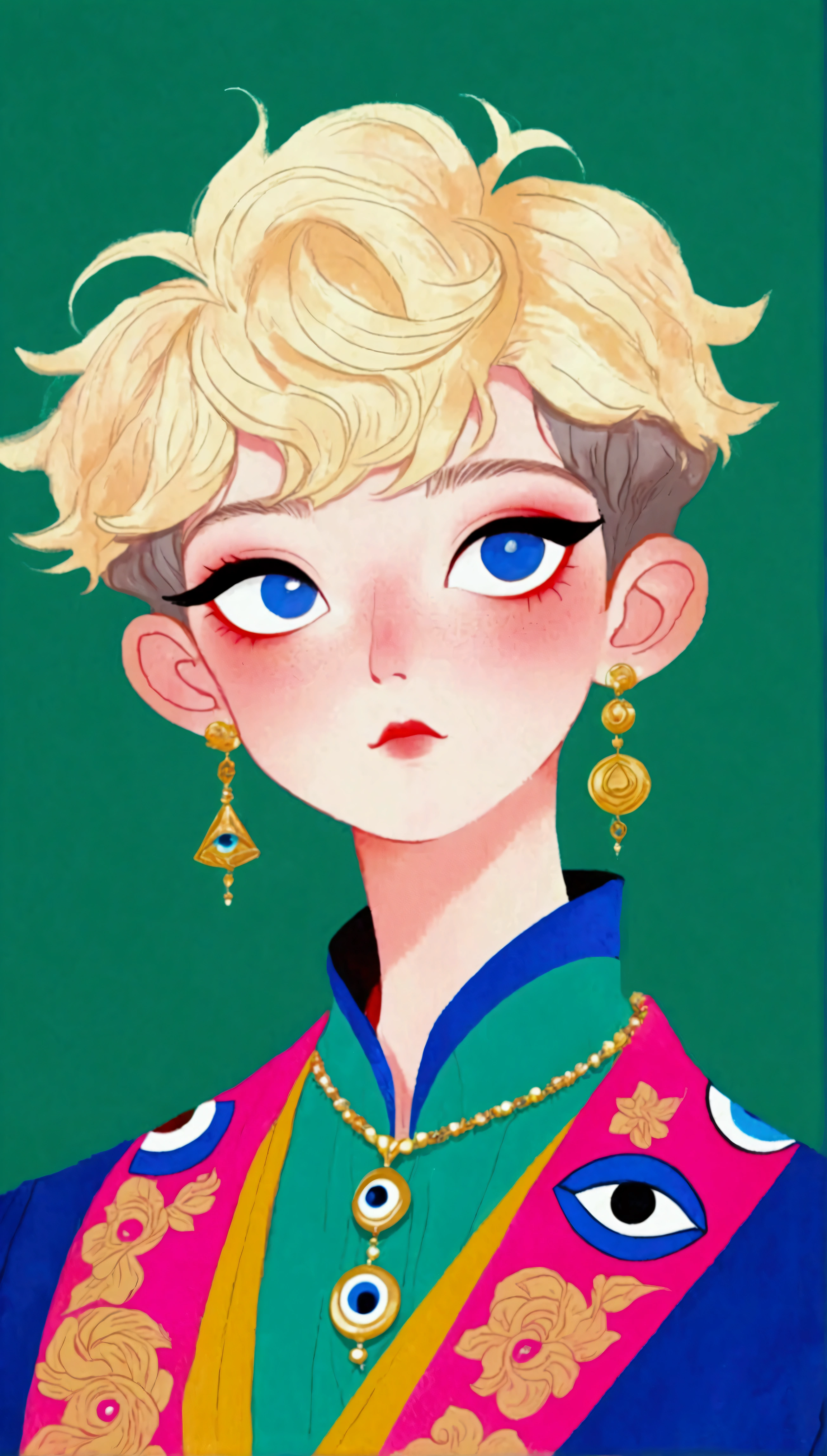 In a painting，A man in a colorful jacket、Delicate androgynous prince wearing a scarf,((( short hair，The third eye on clothes,Eye necklace)))，temperament，独奏，Gouache inspired by Lubin Baugin, cg Social Hotspot, Cloisonnism, detailed Fashion Illustration, Fashion Illustration, luxury Fashion Illustration, Hanfu, Complex Abstract. (Gucci style), Color illustrations, cypherpunk Fashion Illustration, ,(((Solid color background)))