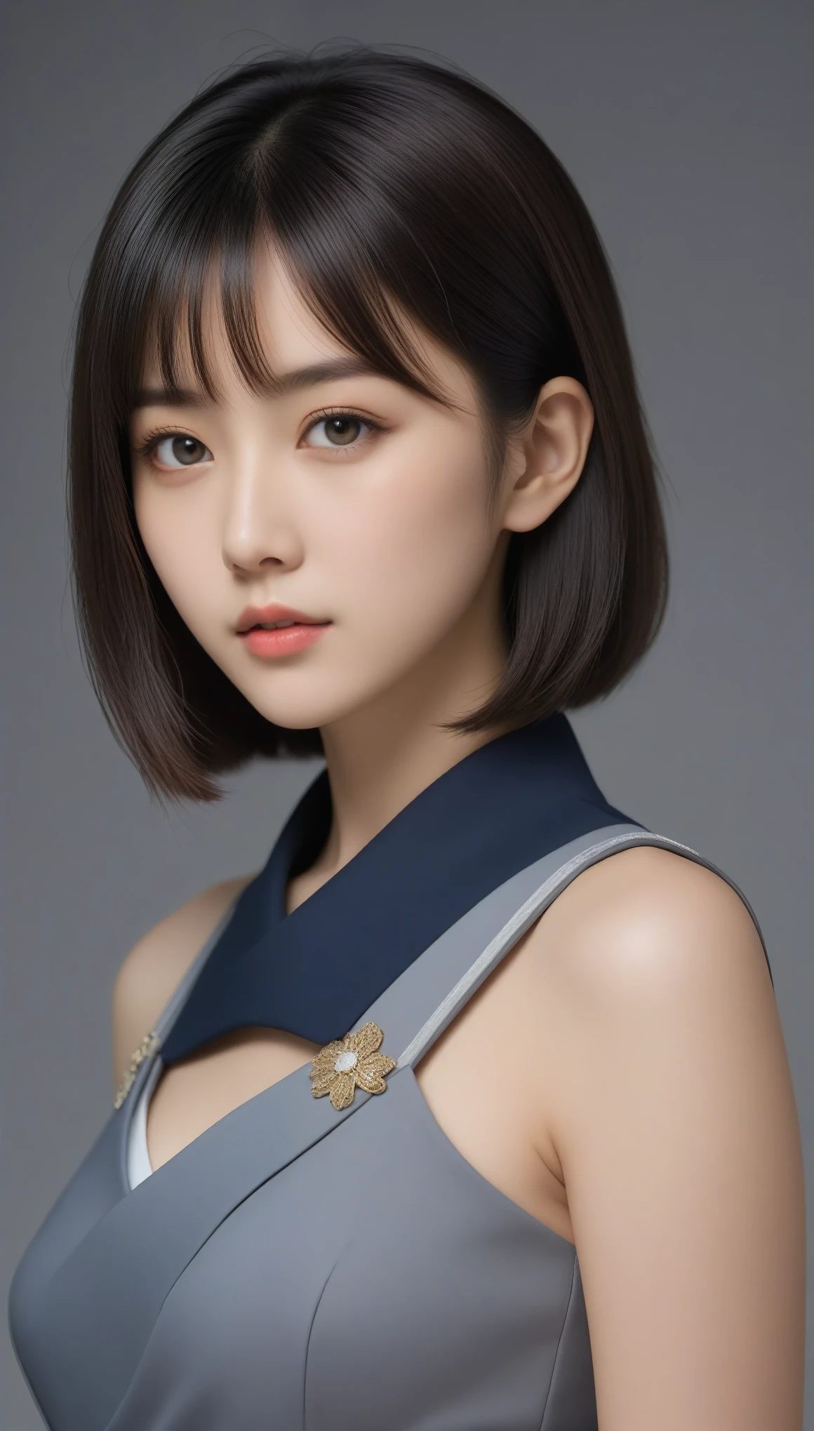 8k, Ultra-high resolution, Highest quality, masterpiece, 三分割法によるphotograph,Surreal, photograph, 1 Girl, (16 years old:1.3), pretty girl, Cute Face, Beautiful eyes in every detail, 細かくdetailedに,masterpiece,One Girl:1.2,Japanese female officer,Superior non-commissioned officer,full body,Serious expression,Black short hair,Bob with bangs, (The finest ceremonial attire:1.3),Pencil Skirt,Military clothing,Sharp contours,Looking down,Gray background, Light from above, Low contrast, (Side view),Perfect and beautiful face ,完璧でCute Face, Skin with attention to detail, Perfect limbs、Narrow waist,Looking at the audience,(((Ideal body type))),A cup small breasts :2,Portraiture:2,Perfect Anatomy,鮮明なdetailed,detailed,Surreal,Light and shadow,glowing