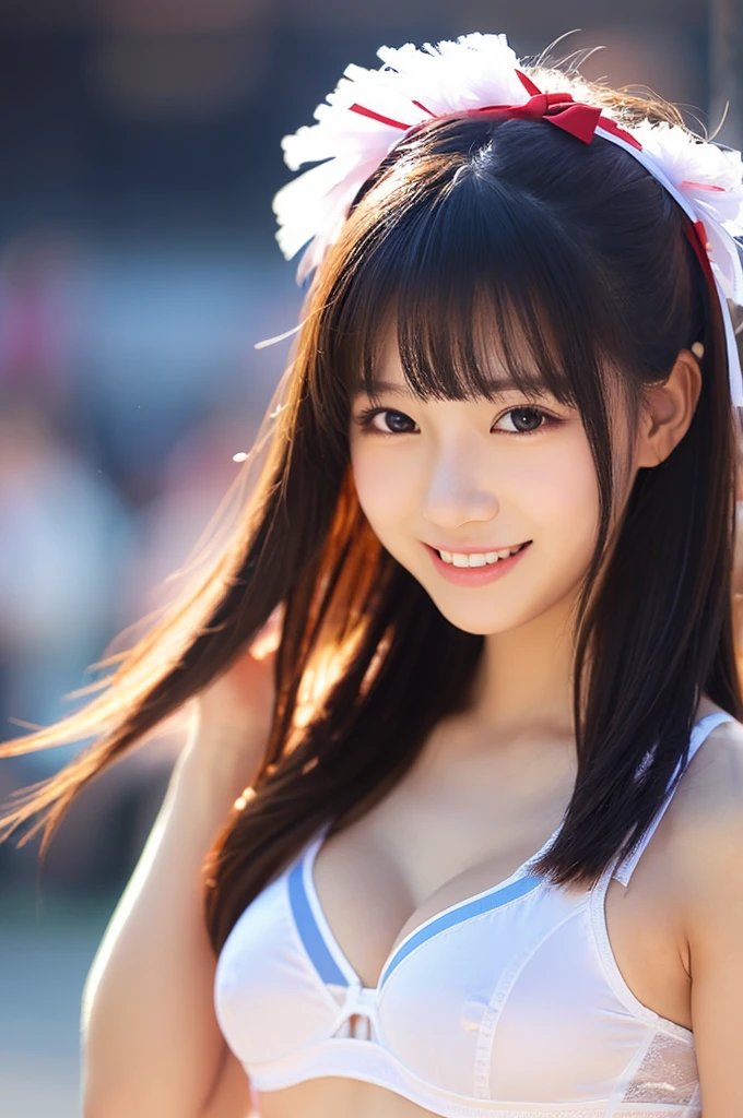 Cheerleading長,Little Smile,Cheerleading,Cheerleading長 uniform, (((masterpiece))), (((best quality))), ((Super detailed)), (illustration), ((extremely delicate and beautiful)),(Bokeh,Blurred background),(The best shadow), 1 girl,white underwear, black hair, long hair, Kawaii,Cute,change, Shiny highlights on eyes, Character focus,Head tilt,