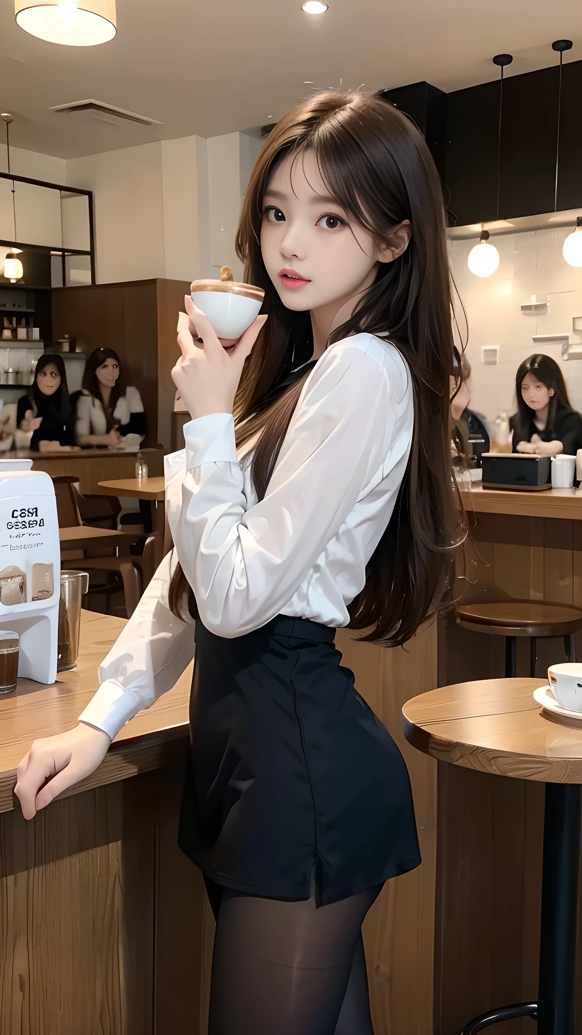 ulzzang-6500-v1.1, (RAW photo: 1.2), (Real photo), (Real photo: 1.4), 1 girl、Perfect anatomy、20 years old、Looking at the camera、Medium length hair、dress, drinking coffee, ((in a cafe: 1.1))、(Hyperrealistic tights: 1.2), (Business service)、Asian eyes Ella,