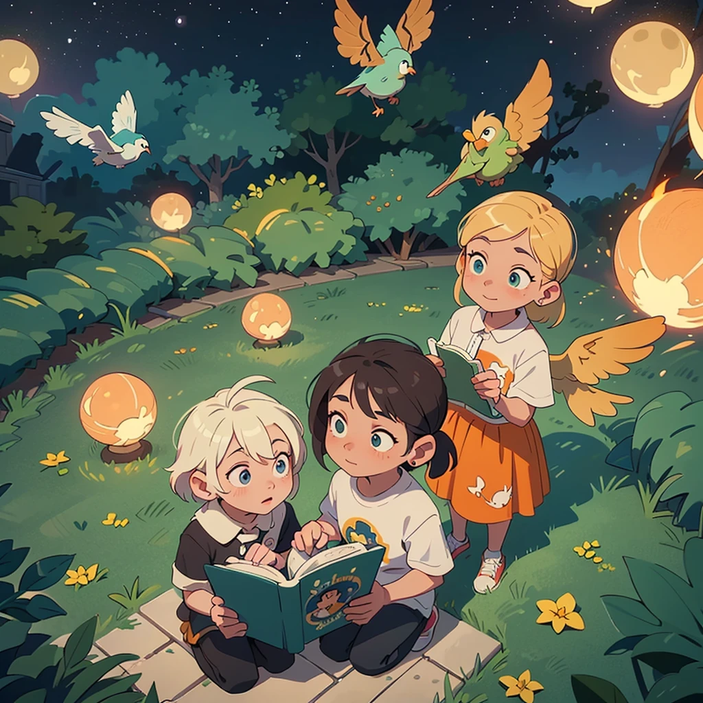 2D stylized image of artists at a park, reading, writing, painting, creating sculptures, friends, fun, inspirational, masterpiece, seen from above, many diverse people, different races and styles, fantastical looking, bird eye view, playing with fire, starry night, magical, making art