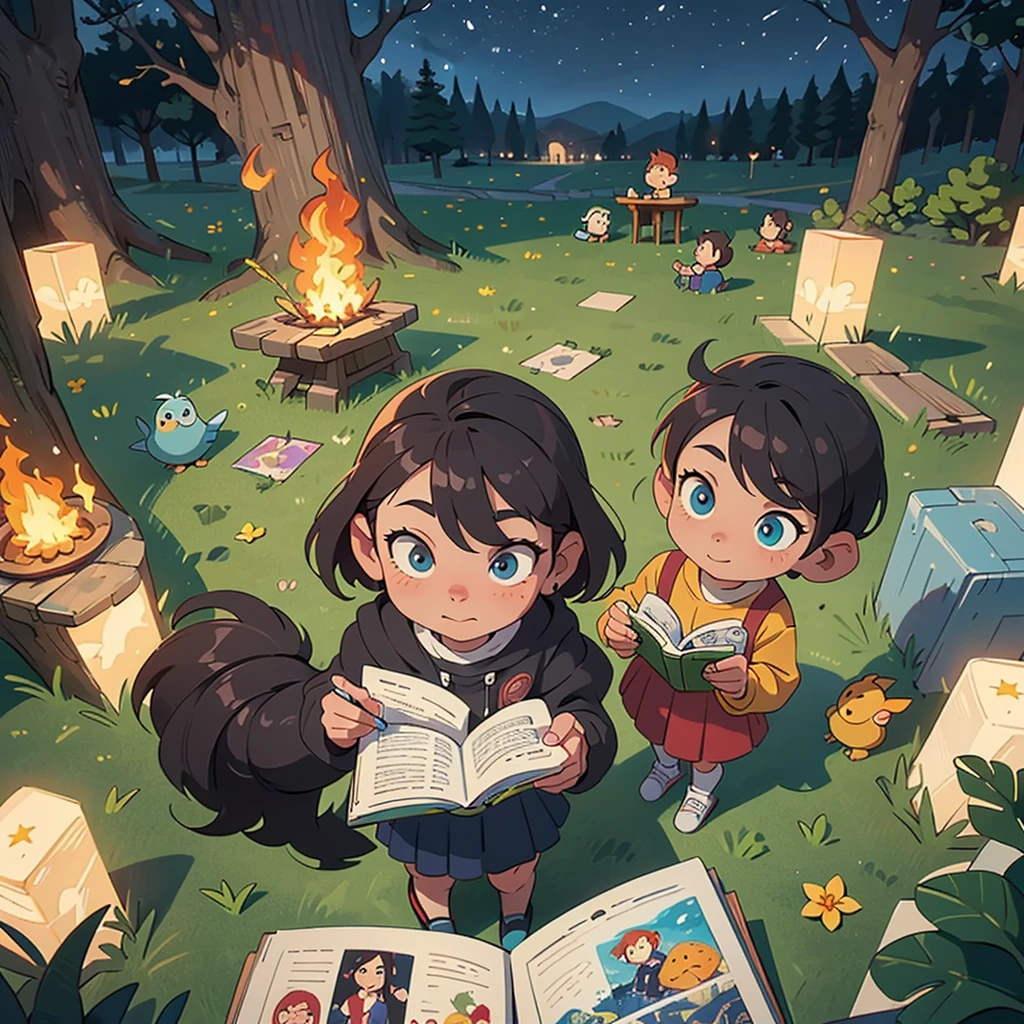 2D stylized image of artists at a park, reading, writing, painting, creating sculptures, friends, fun, inspirational, masterpiece, seen from above, many diverse people, different races and styles, fantastical looking, bird eye view, playing with fire, starry night, magical, making art
