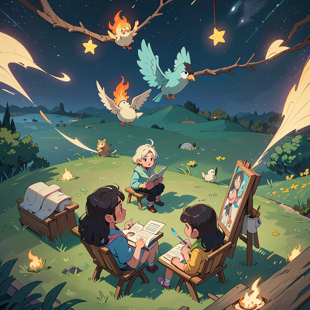 2D stylized image of artists at a park, reading, writing, painting, creating sculptures, friends, fun, inspirational, masterpiece, seen from above, many diverse people, different races and styles, fantastical looking, bird eye view, playing with fire, starry night, magical, making art