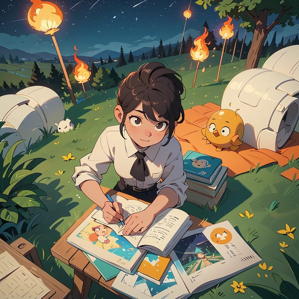 2D stylized image of artists at a park, reading, writing, painting, creating sculptures, friends, fun, inspirational, masterpiece, seen from above, many diverse people, different races and styles, fantastical looking, bird eye view, playing with fire, starry night, magical, making art