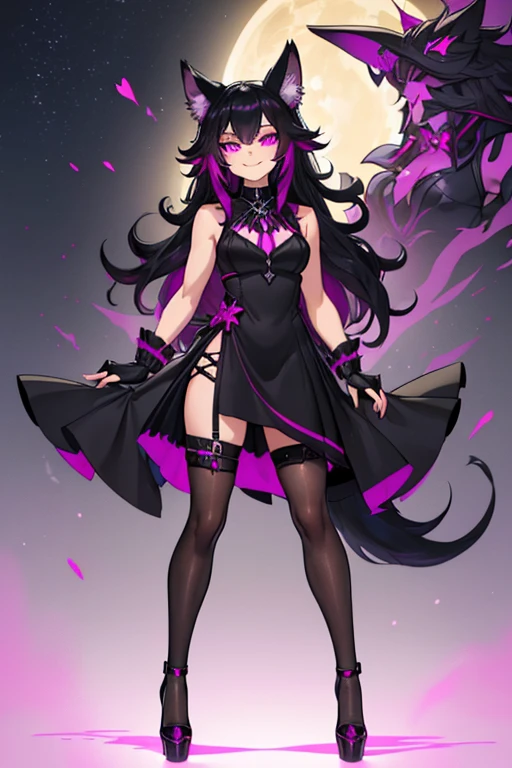 female, black long hair with magenta trim, silver eyes, wolf ears, wolf tail, (((1girl))), (((black and magenta sleeveless regal dress))), (black fingerless opera gloves), (black stockings), (black heels), (gold jewelry), cute and sexy, full body, large breasts, long legs, smiling