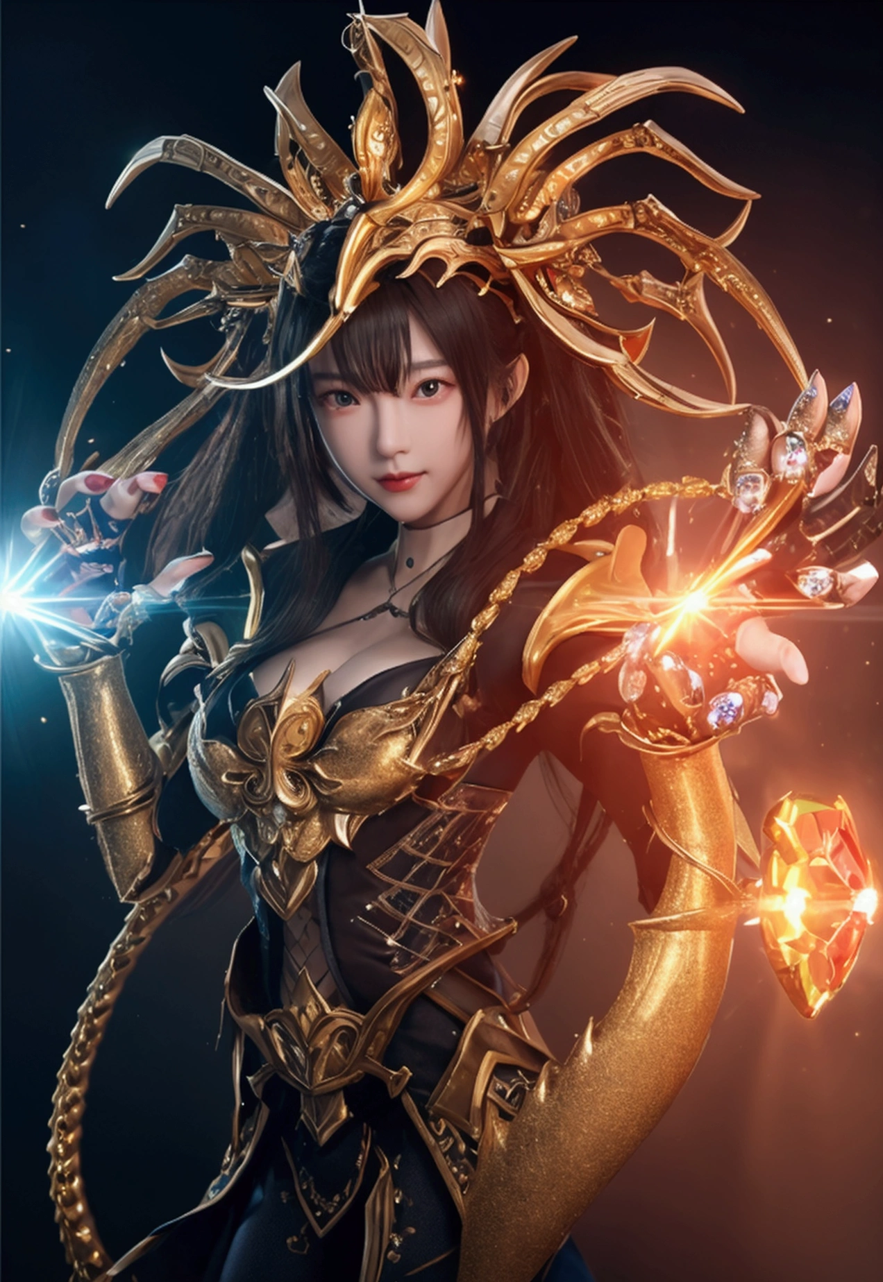 (1 Mechanical Girl)、top-quality、masterpiece、超A high resolution、(Wearing a crown made of jewels),(Photorealsitic:1.4)、Raw photo、女の子1人、Golden hair、glowy skin、(((1 Mechanical Girl)))、(Realistic dragon background)、(Fight big dragons)、With a beautiful knife、(Metal bodysuit)、(beautiful forest background)、Precipitous cliffs、(Small LED)、((super realistic details))、portlate、globalillumination、Shadow、octan render、(One-Eyed Scouter)、8K、ultrasharp、Colossal tits、Raw skin is exposed in cleavage、metals、Details of complex ornaments、Japan details、highly intricate detail、Realistic light、CGSoation Trends、Red Eyes、radiant eyes、Facing the camera、neon details、(Mechanical limbs)、(blood vessels connected to tubes)、Mechanical vertebrae attached to the back、mechanical cervical attaching to neck、(Wires and cables connecting to the head)、Gundam、Small LED、,Mechanical thighs、Toostock、(Hands are also made of machines)、