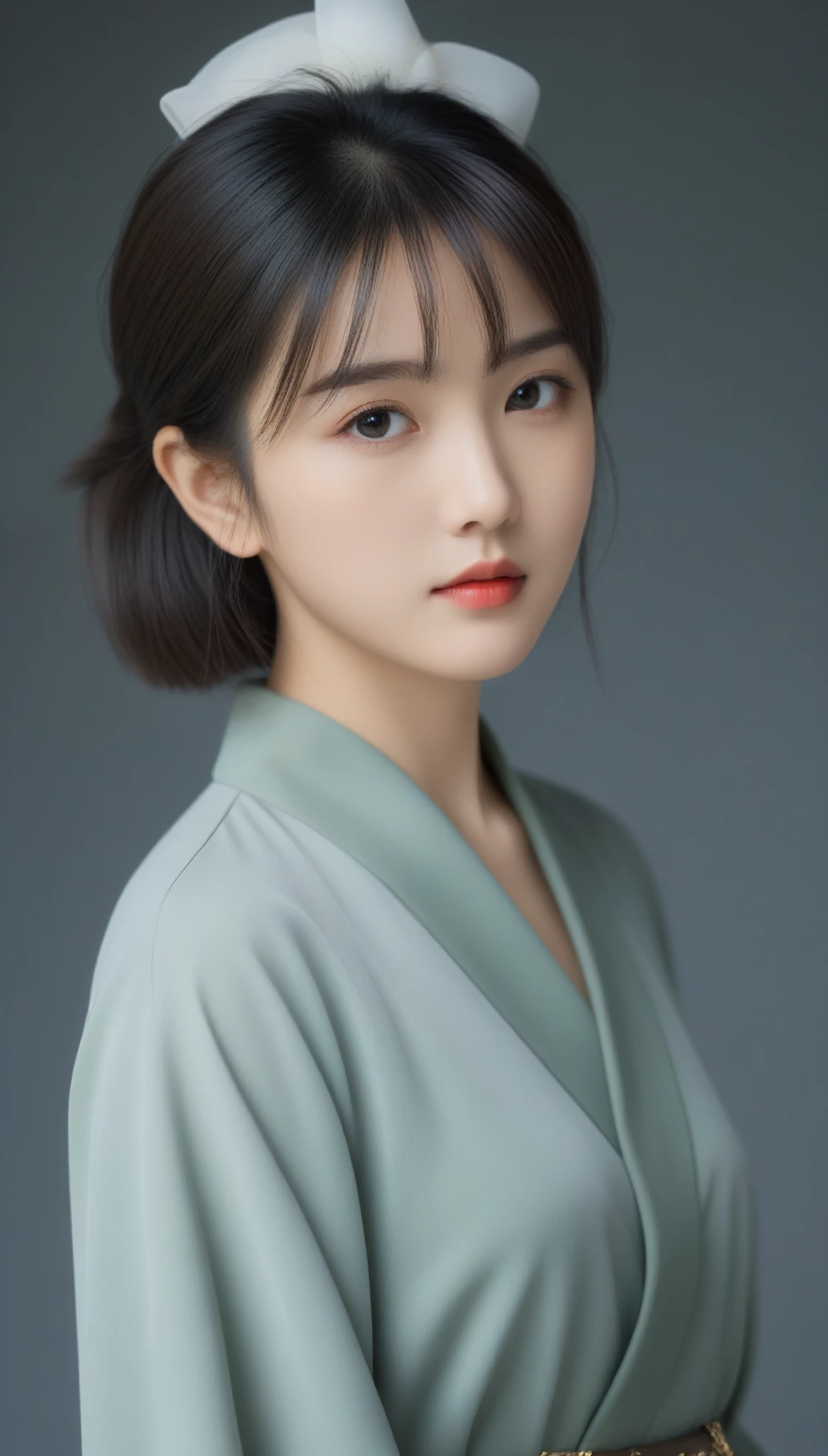 8k, Ultra-high resolution, Highest quality, masterpiece, 三分割法によるphotograph,Surreal, photograph, 1 Girl, (16 years old:1.3), pretty girl, Cute Face, Beautiful eyes in every detail, 細かくdetailedに,masterpiece,One Girl:1.2,Japanese female officer,Superior non-commissioned officer,full body,Serious expression,Black short hair,Bob with bangs, (The finest ceremonial attire:1.3),Pencil Skirt,Military clothing,Sharp contours,Looking down,Gray background, Light from above, Low contrast, (Side view),Perfect and beautiful face ,完璧でCute Face, Skin with attention to detail, Perfect limbs、Narrow waist,Looking at the audience,(((Ideal body type))),A cup small breasts :2,Portraiture:2,Perfect Anatomy,鮮明なdetailed,detailed,Surreal,Light and shadow,glowing