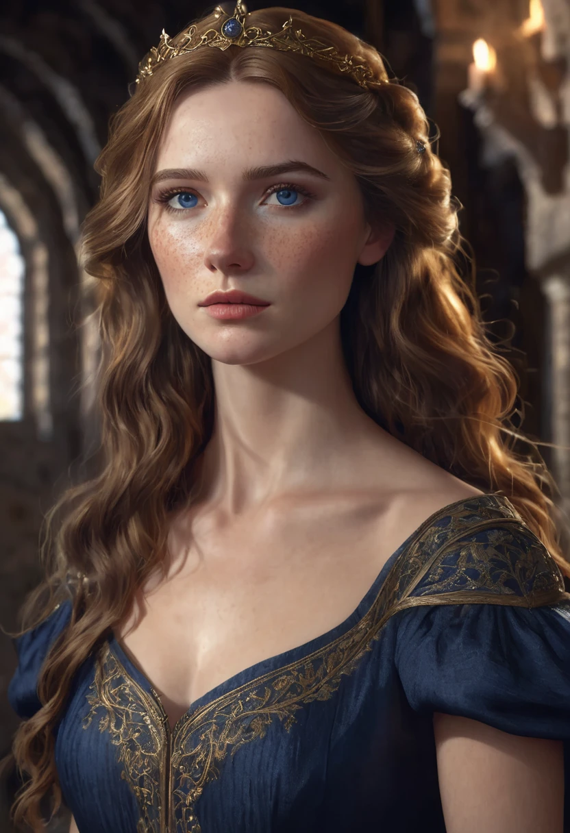 1 woman, inside a medieval era castle, wearing an elegant dark blue dress, detailed facial features, feminine blue-gray eyes, freckles on her face, detailed fair skin, long golden brown hair, dramatic lighting, cinematic composition, dark palette, dark colors, atmospheric haze, thin chin, serious face, serious face, strong and beautiful woman, adult woman, ultra realistic, (best quality, 4K, 8K, high resolution, art: 1.2), ultra detailed (realistic, photorealistic, photorealistic: 1.37)