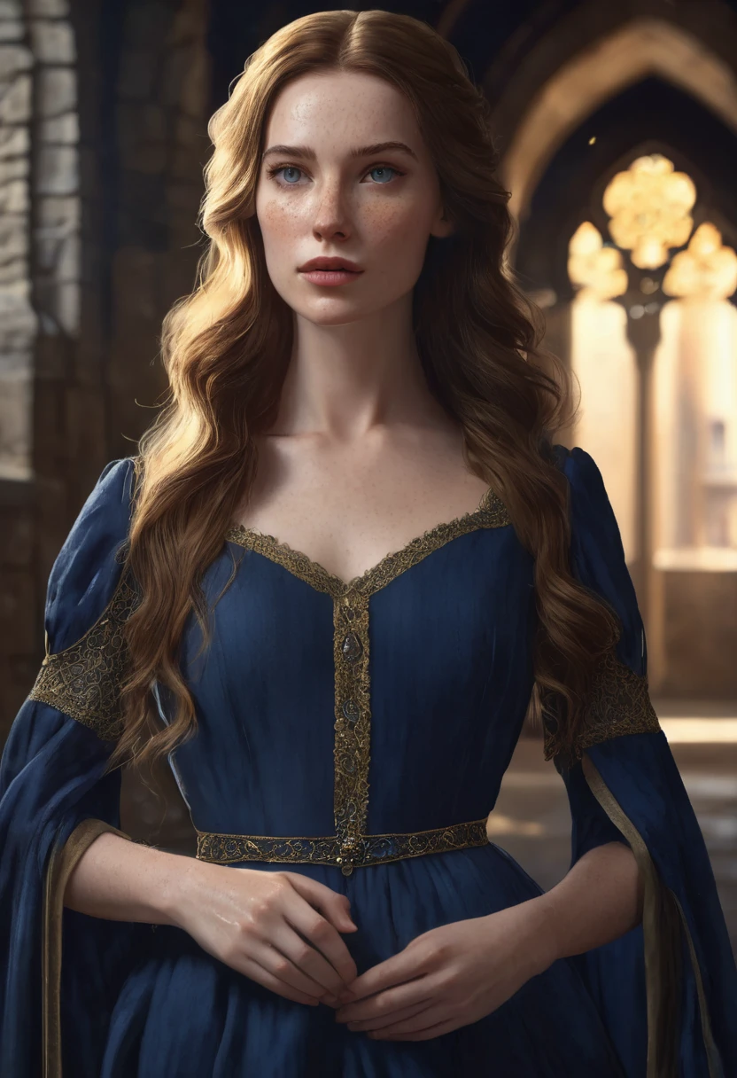 1 woman, inside a medieval era castle, wearing an elegant dark blue dress, detailed facial features, feminine blue-gray eyes, freckles on her face, detailed fair skin, long golden brown hair, dramatic lighting, cinematic composition, dark palette, dark colors, atmospheric haze, thin chin, serious face, serious face, strong and beautiful woman, adult woman, ultra realistic, (best quality, 4K, 8K, high resolution, art: 1.2), ultra detailed (realistic, photorealistic, photorealistic: 1.37)