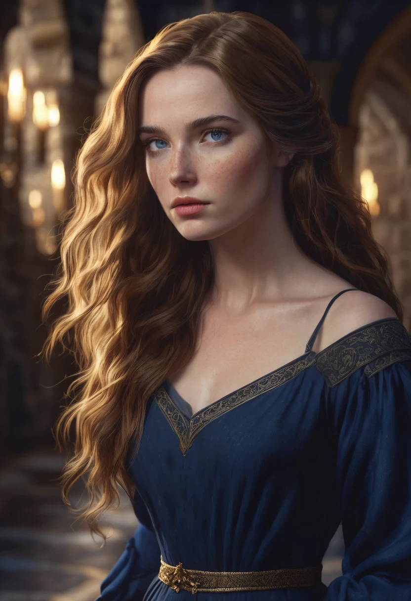 1 woman, inside a medieval era castle, wearing an elegant dark blue dress, detailed facial features, feminine blue-gray eyes, freckles on her face, detailed fair skin, long golden brown hair, dramatic lighting, cinematic composition, dark palette, dark colors, atmospheric haze, thin chin, serious face, serious face, strong and beautiful woman, adult woman, ultra realistic, (best quality, 4K, 8K, high resolution, art: 1.2), ultra detailed (realistic, photorealistic, photorealistic: 1.37)