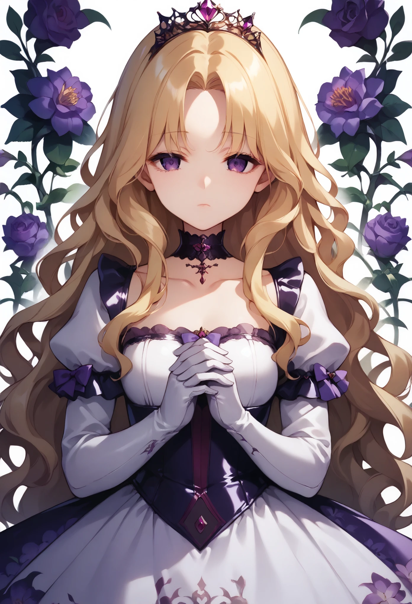 score_9, score_8_up, score_7_up, score_6_up, source_anime, illustration, floral background, romance manhwa, 1girl, blonde hair, solo, long hair, flower, dress, tiara, white dress, gloves, long sleeves, choker, purple eyes, white gloves, purple bow, purple flower, wavy hair, standing, bow, jewelry, looking at viewer, white background, closed mouth, collarbone, puffy sleeves, own hands together, upper body, parted bangs, very long hair, purple dress, frills, bangs, cowboy shot, corruption, corrupt_girl, dark theme, latex, bored