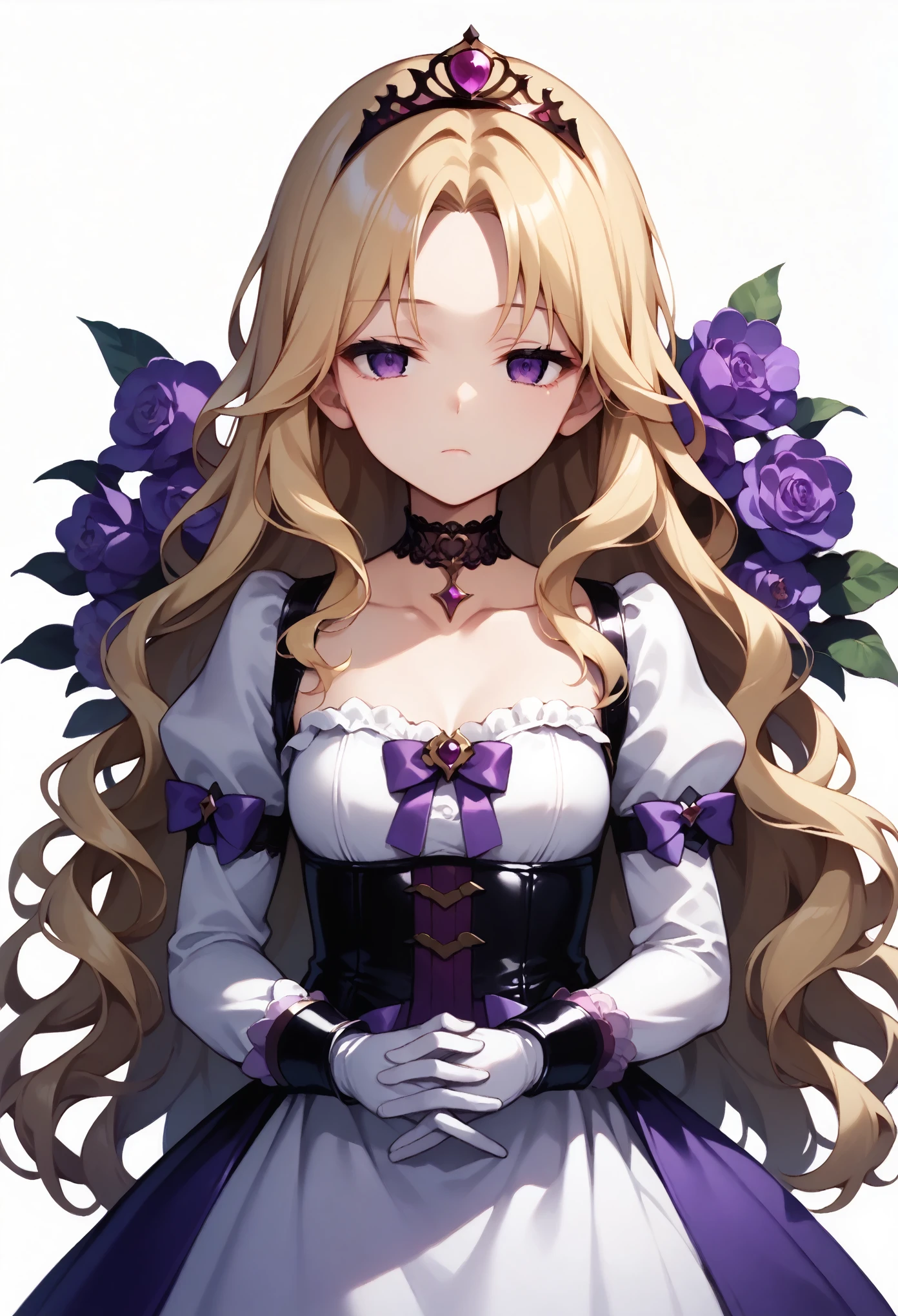 score_9, score_8_up, score_7_up, score_6_up, source_anime, illustration, floral background, romance manhwa, 1girl, blonde hair, solo, long hair, flower, dress, tiara, white dress, gloves, long sleeves, choker, purple eyes, white gloves, purple bow, purple flower, wavy hair, standing, bow, jewelry, looking at viewer, white background, closed mouth, collarbone, puffy sleeves, own hands together, upper body, parted bangs, very long hair, purple dress, frills, bangs, cowboy shot, corruption, corrupt_girl, dark theme, latex, bored