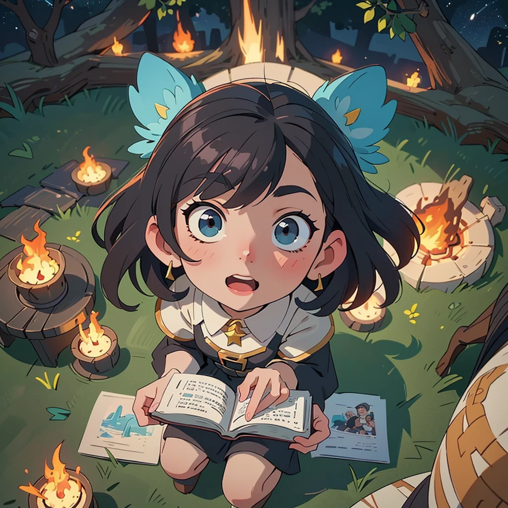 2D stylized image of artists at a park, reading, writing, painting, creating sculptures, friends, fun, inspirational, masterpiece, seen from above, many diverse people, different races and styles, fantastical looking, bird eye view, playing with fire, starry night, magical, making art