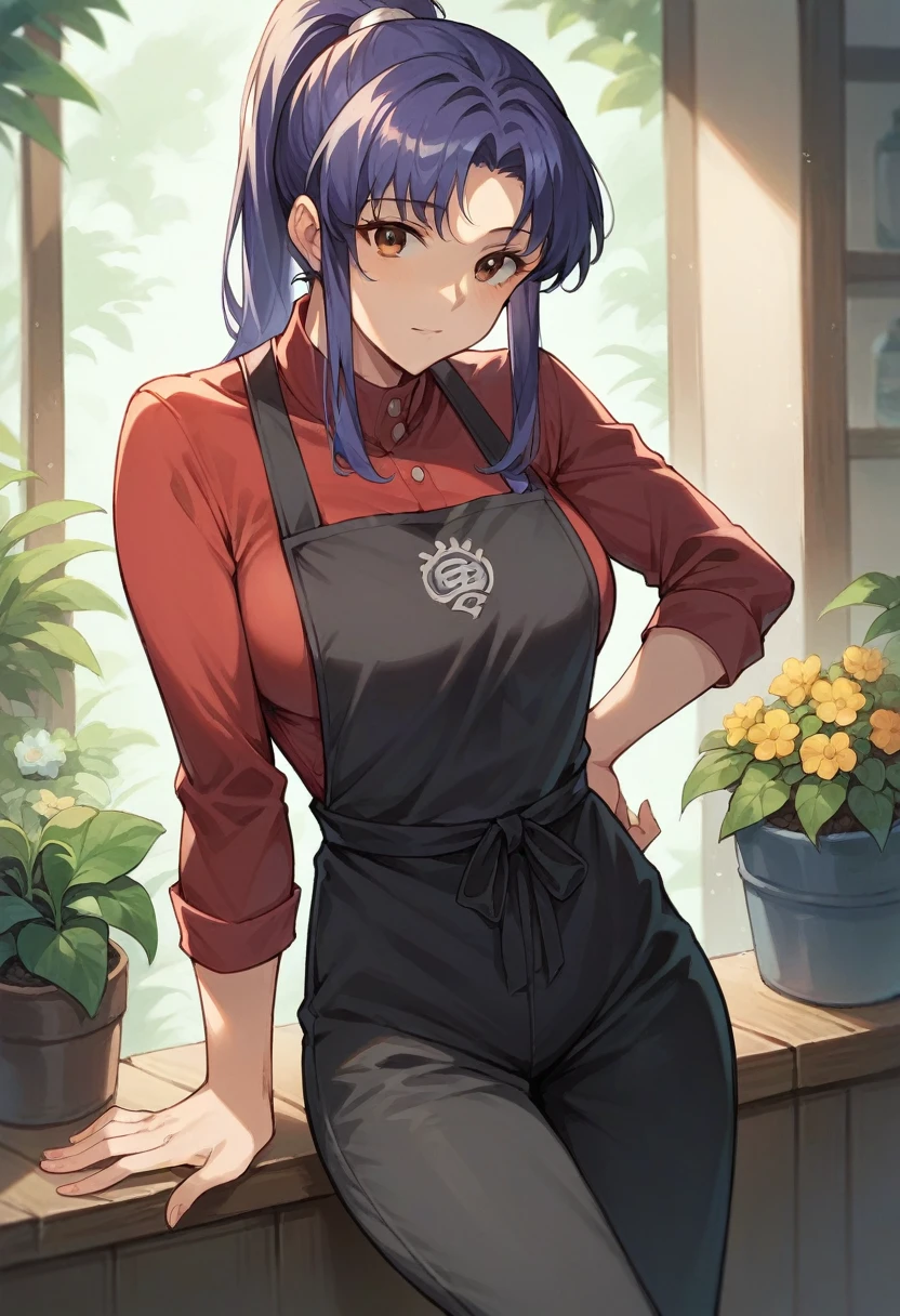 1girl, misato katsuragi, ponytail, ((blue half elbow gloves)), (red shirt), ((long sleeves)), (black apron), (pants), looking at viewer, plants flowers in the ground, solo
