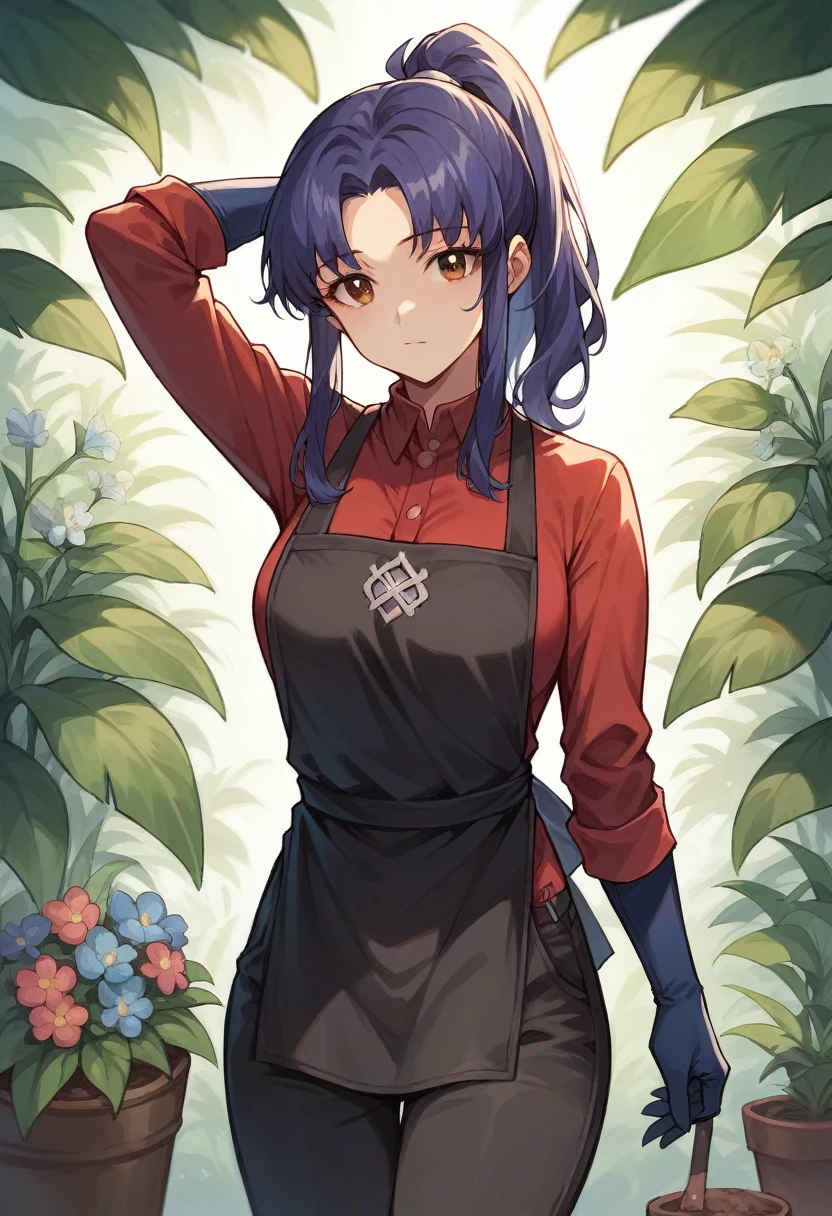 1girl, misato katsuragi, ponytail, ((blue half elbow gloves)), (red shirt), ((long sleeves)), (black apron), (pants), looking at viewer, plants flowers in the ground, solo
