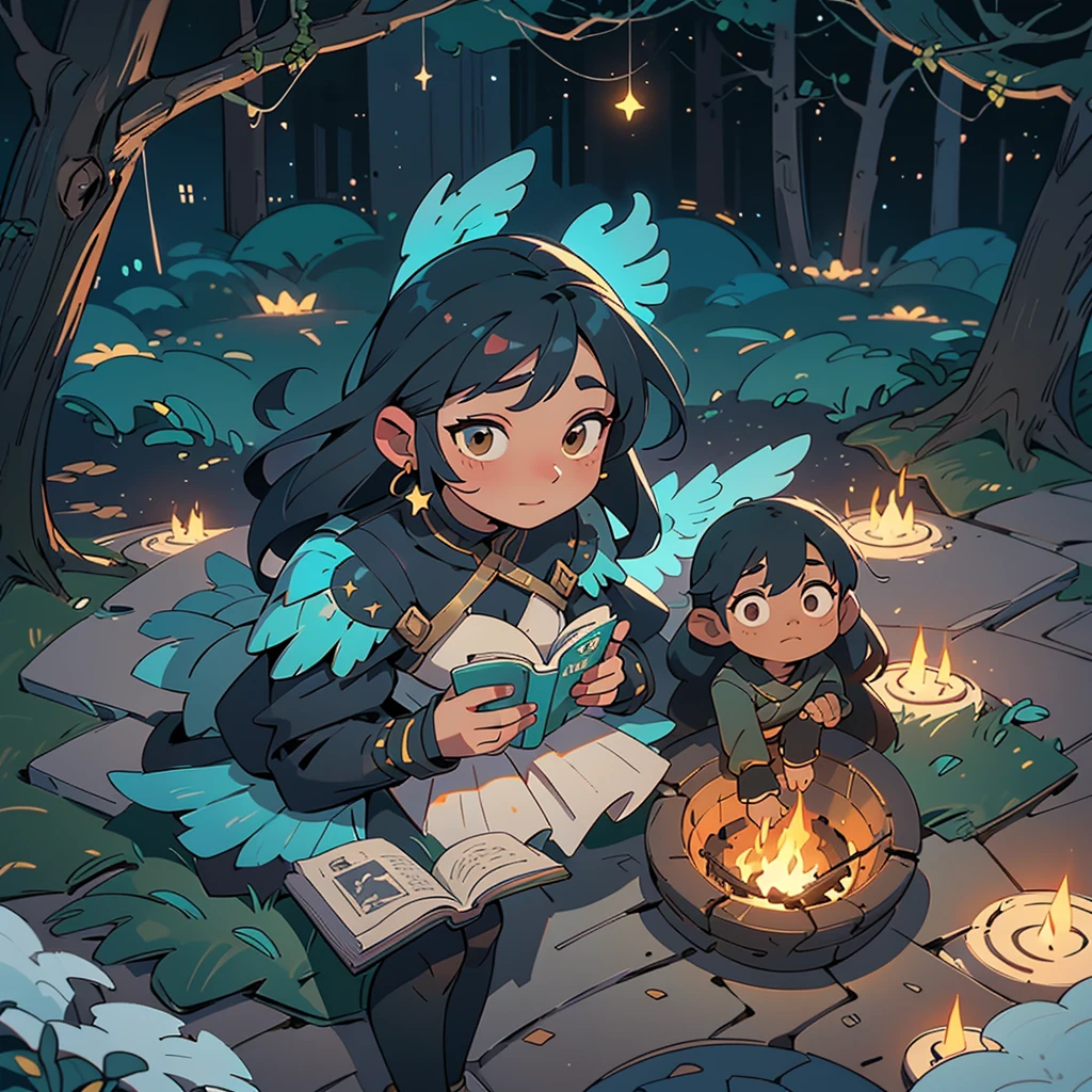 2D stylized image of artists at a park, reading, writing, painting, creating sculptures, friends, fun, inspirational, masterpiece, seen from above, many diverse people, different races and styles, fantastical looking, bird eye view, playing with fire, starry night, magical, making art