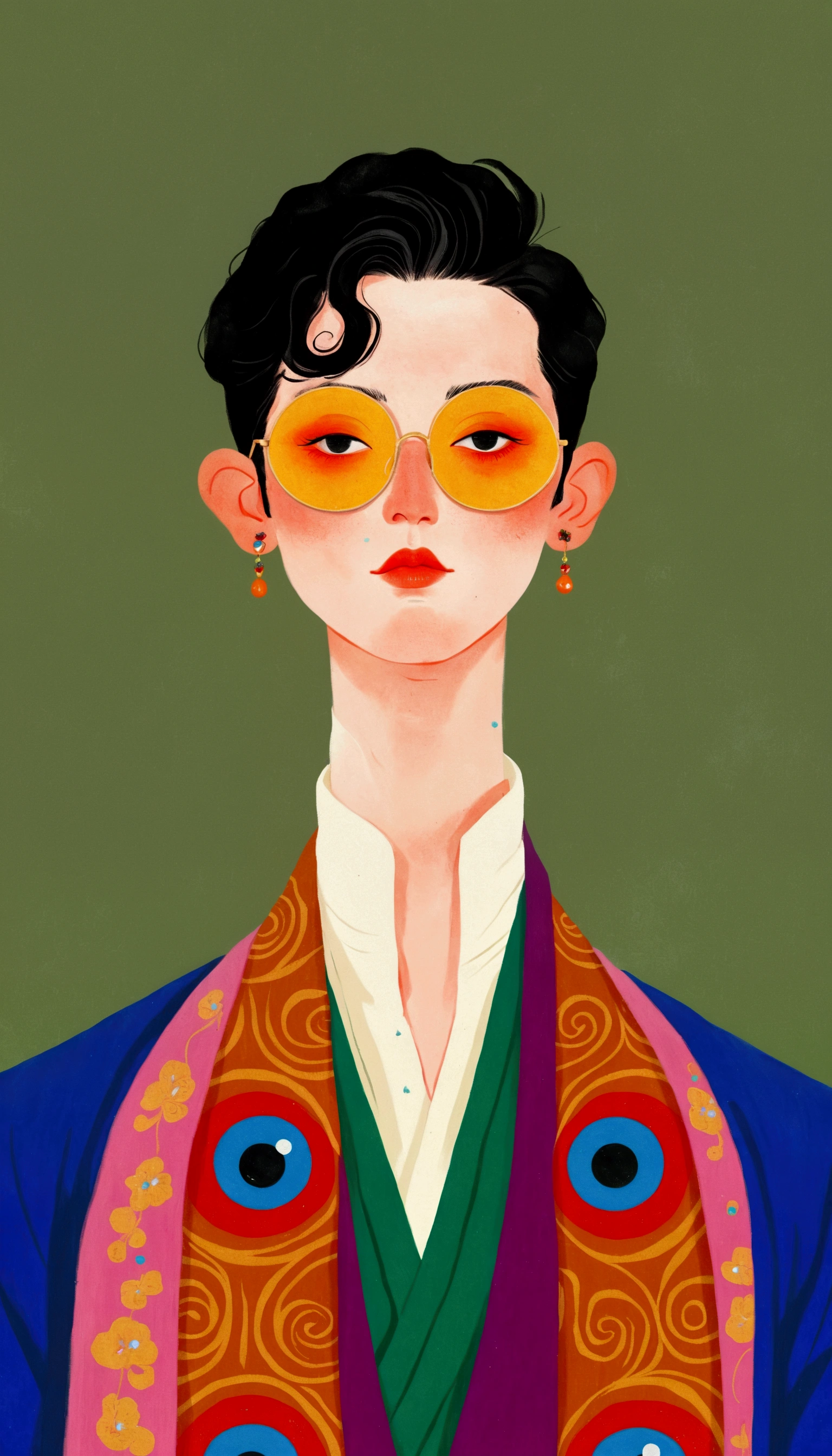 In a painting，A man in a colorful jacket、Delicate androgynous prince wearing a scarf,((( short hair，The third eye on clothes)))，temperament，独奏，Gouache inspired by Lubin Baugin, cg Social Hotspot, Cloisonnism, detailed Fashion Illustration, Fashion Illustration, luxury Fashion Illustration, Hanfu, Complex Abstract. (Gucci style), Color illustrations, cypherpunk Fashion Illustration, ,(((Solid color background)))