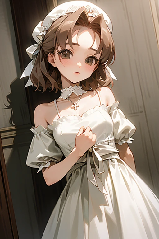 Akina Nakamori、(White lace dress).、cute、White cross necklace on chest、Gothic style、Small hat、sharp.cute、Beautiful woman、(Strong details).