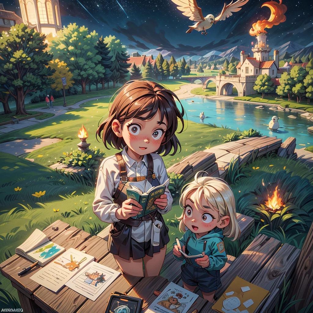 2D stylized image of artists at a park, reading, writing, painting, creating sculptures, friends, fun, inspirational, masterpiece, seen from above, many diverse people, different races and styles, fantastical looking, bird eye view, playing with fire, starry night, magical, making art