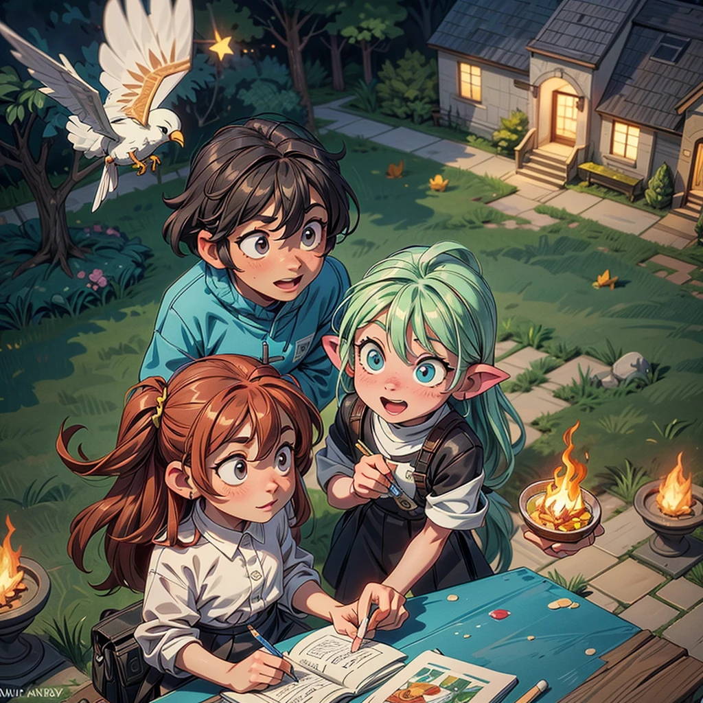 2D stylized image of artists at a park, reading, writing, painting, creating sculptures, friends, fun, inspirational, masterpiece, seen from above, many diverse people, different races and styles, fantastical looking, bird eye view, playing with fire, starry night, magical, making art