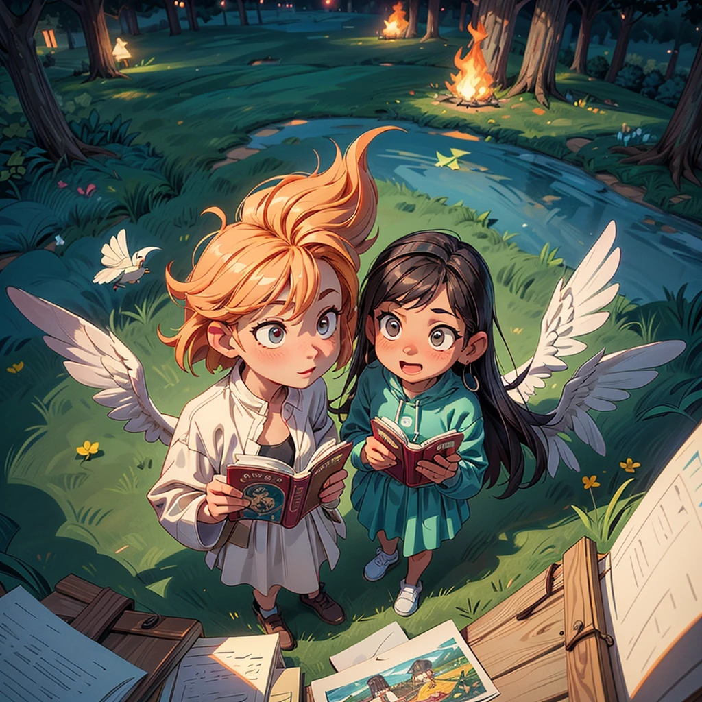 2D stylized image of artists at a park, reading, writing, painting, creating sculptures, friends, fun, inspirational, masterpiece, seen from above, many diverse people, different races and styles, fantastical looking, bird eye view, playing with fire, starry night, magical, making art
