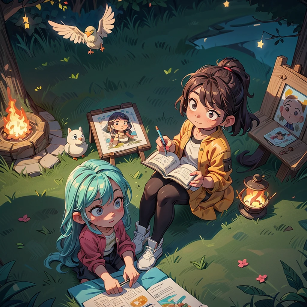 2D stylized image of artists at a park, reading, writing, painting, creating sculptures, friends, fun, inspirational, masterpiece, seen from above, many diverse people, different races and styles, fantastical looking, bird eye view, playing with fire, starry night, magical, making art