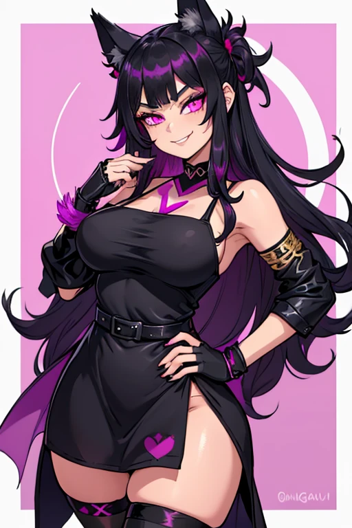 female, black long hair with magenta trim, silver eyes, wolf ears, wolf tail, (((1girl))), (((black and magenta toga dress))), (black fingerless opera gloves), (black stockings), (black heels), (gold jewelry), cute and sexy, full body, large breasts, long legs, smiling