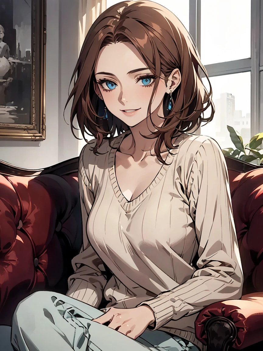(Highest quality,High resolution,Very detailed),1 girl, Beautiful and elegant light blue eyes, Brown Hair, Cold Smile,Medium Hair,pants,Wearing a white V-neck sweater, Mature Woman, Age 27,Cruel smile, Calm and Calm,secretary, Slim figure, Pale complexion, thin, Calm, sofa,talk,Mug,Black tea