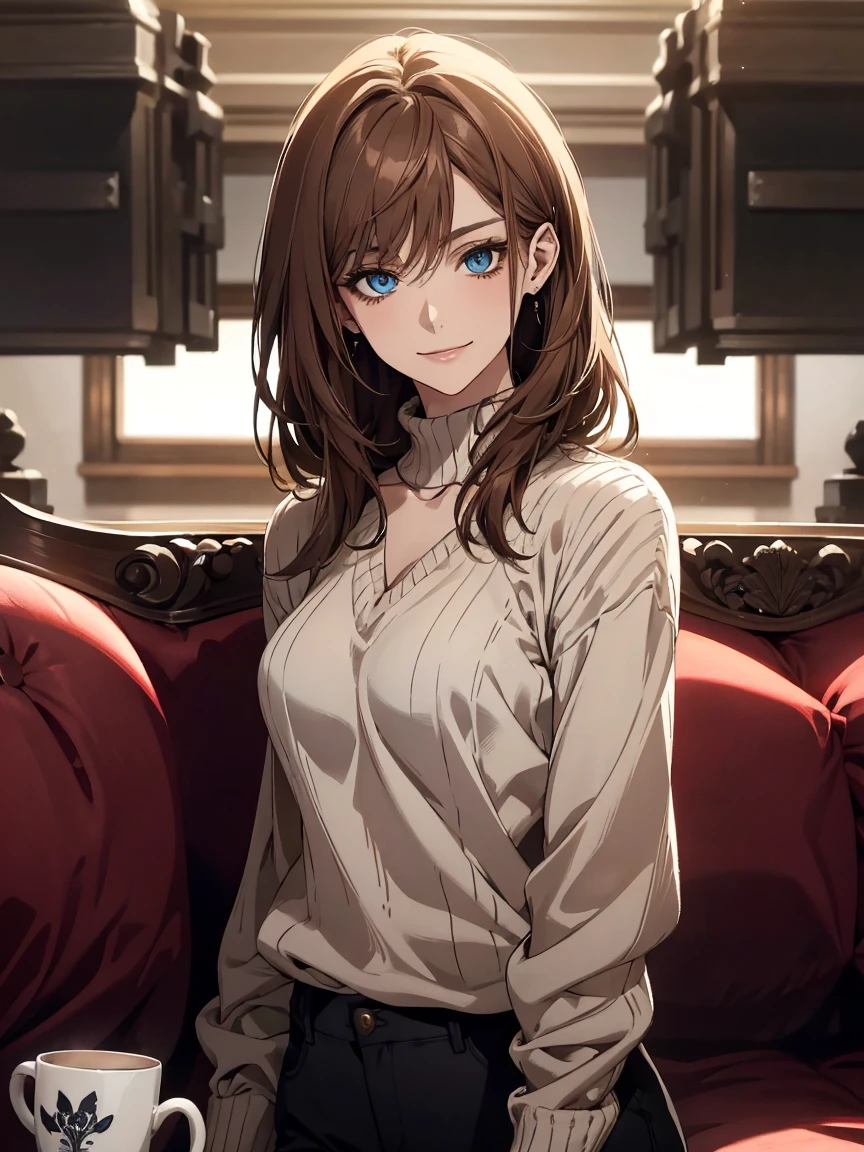 (Highest quality,High resolution,Very detailed),1 girl, Beautiful and elegant light blue eyes, Brown Hair, Cold Smile,Medium Hair,pants,Wearing a white V-neck sweater, Mature Woman, Age 27,Cruel smile, Calm and Calm,secretary, Slim figure, Pale complexion, thin, Calm, sofa,talk,Mug,Black tea