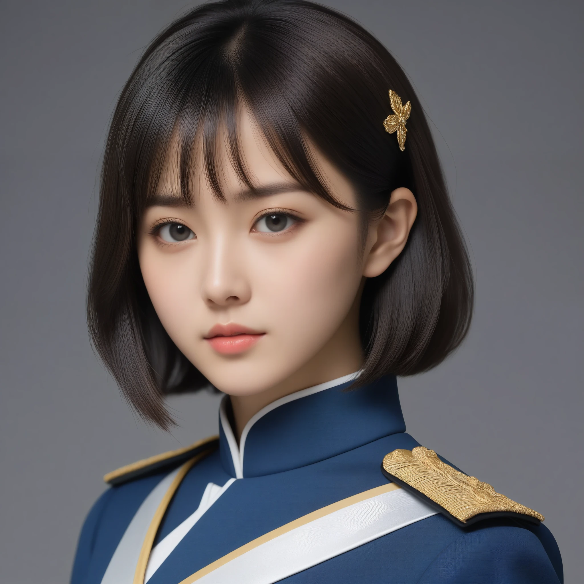 8k, Ultra-high resolution, Highest quality, masterpiece, 三分割法によるphotograph,Surreal, photograph, 1 Girl, (:1.3), pretty girl, Cute Face, Beautiful eyes in every detail, 細かくdetailedに,masterpiece,One Girl:1.2,Japanese female officer,Superior non-commissioned officer,full body,Serious expression,Black short hair,Bob with bangs, (The finest ceremonial attire:1.3),Pencil Skirt,Military clothing,Sharp contours,Looking down,Gray background, Light from above, Low contrast, (Side view),Perfect and beautiful face ,完璧でCute Face, Skin with attention to detail, Perfect limbs、Narrow waist,Looking at the audience,(((Ideal body type))),A cup small breasts :2,Portraiture:2,Perfect Anatomy,鮮明なdetailed,detailed,Surreal,Light and shadow,glowing