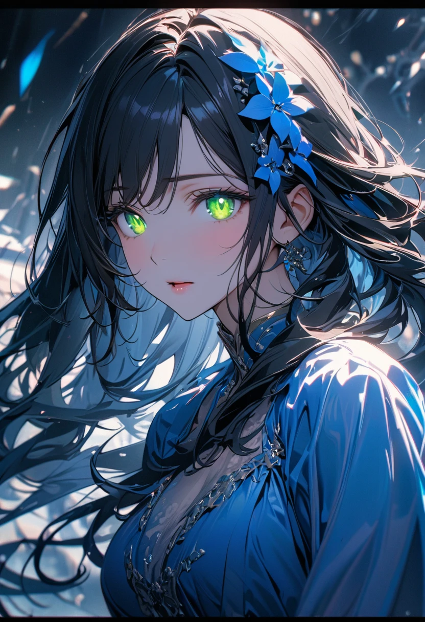 girl, black hair, long hair, green eyes, ,blue hair ornament pretty, blue dress, ,beautiful eyes, mature, super detail, beautiful color, 8K, glowing eyes, macro picture, peerless beauty, pretty