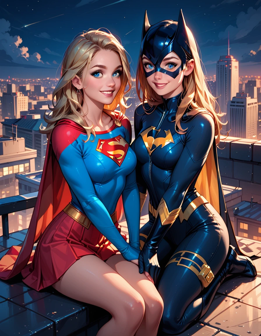 score_9, score_8_up, score_7_up, score_6_up, 2girls, Supergirl and Batgirl, sitting together, smiling, city rooftop, night, cinematic lighting.