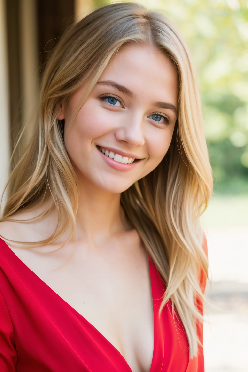 light-haired girl with blue eyes, beautiful smile and red dress