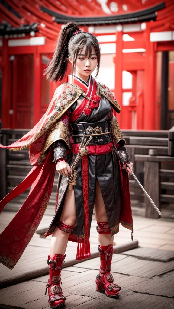 a beautiful japanese woman in a contemplative samurai pose, detailed facial features, intense glowing red eyes, mystical aura, ornate shinto shrine in the background, full body shot, cinematic lighting, highly detailed, photorealistic, 8k, best quality, masterpiece