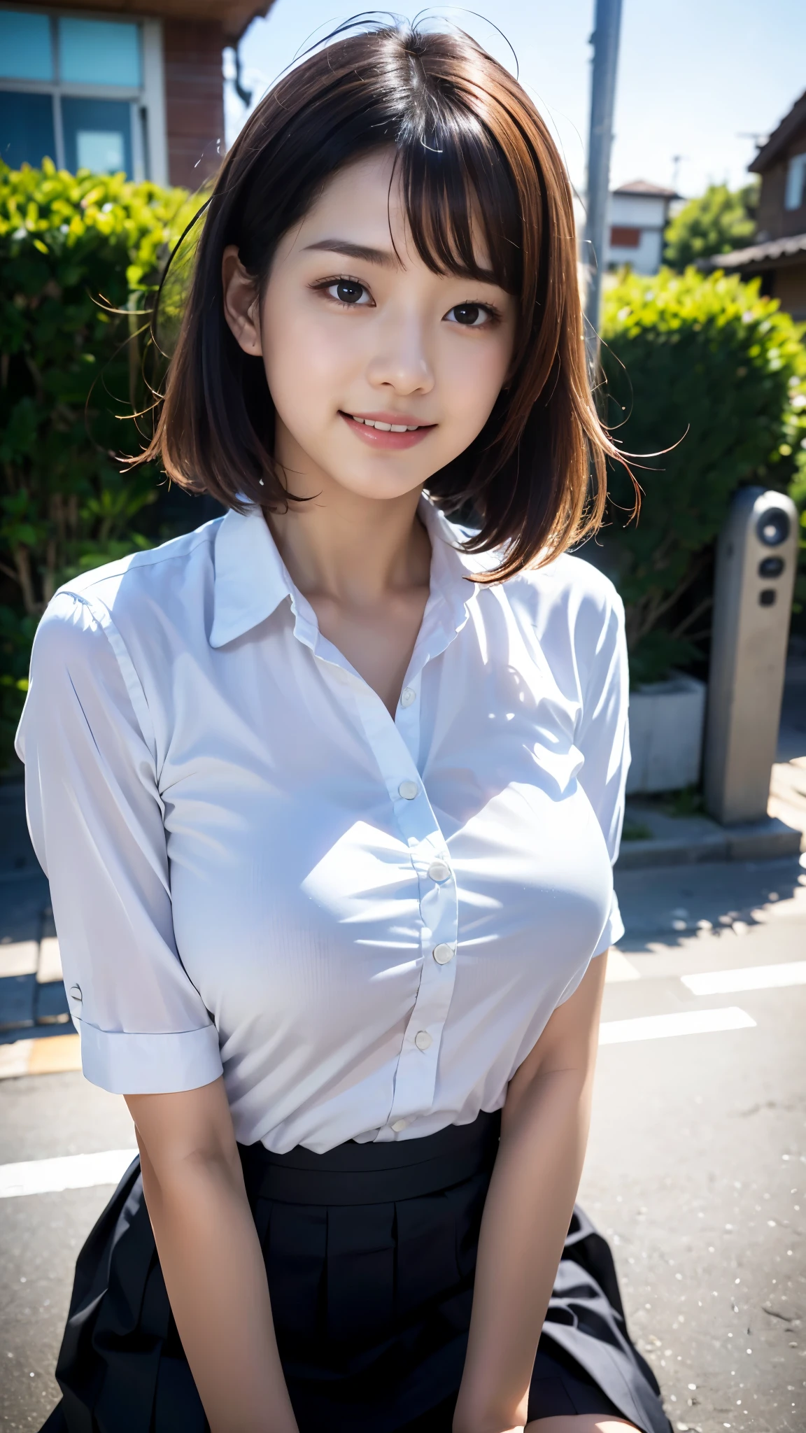 The skin is wet from sweat,leaning forward,Cleavage,indoor,office,Wearing a shirt,smile、skirtリフト、skirtを手で上げる,woman, 20-year-old, Black short hair、bangs、(skirt),(White lace panties)、Cute earrings