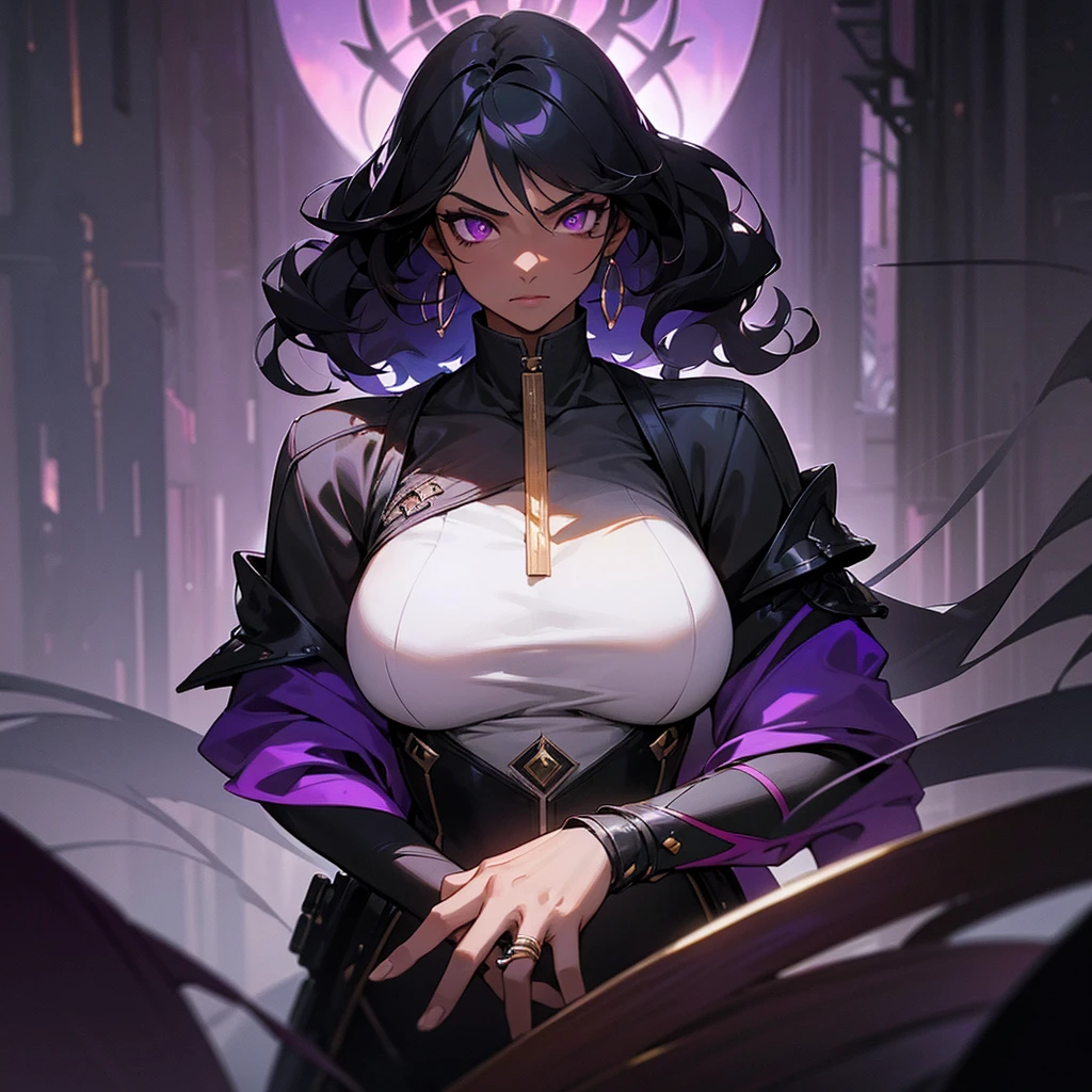 Black girl with villain vibes, inside of dark palace, expressive serious face, baddie style, dark skin , black girl, curly dark hair, purple eyes, purple light, wearing cropped with jacket, style pants, gold earrings ring, all body, dangerous person,masterpiece, best quality, night, movie poster, extremely detailed 8K, smooth, high resolution, ultra quality, cinematic lighting, ambient occlusion, hd, 2k, 4k, 8k, 16k, extremely detailed anime, detailed faces, perfect composition, wide shot, atmospheric lighting, no white body, curvy body, no big boobies