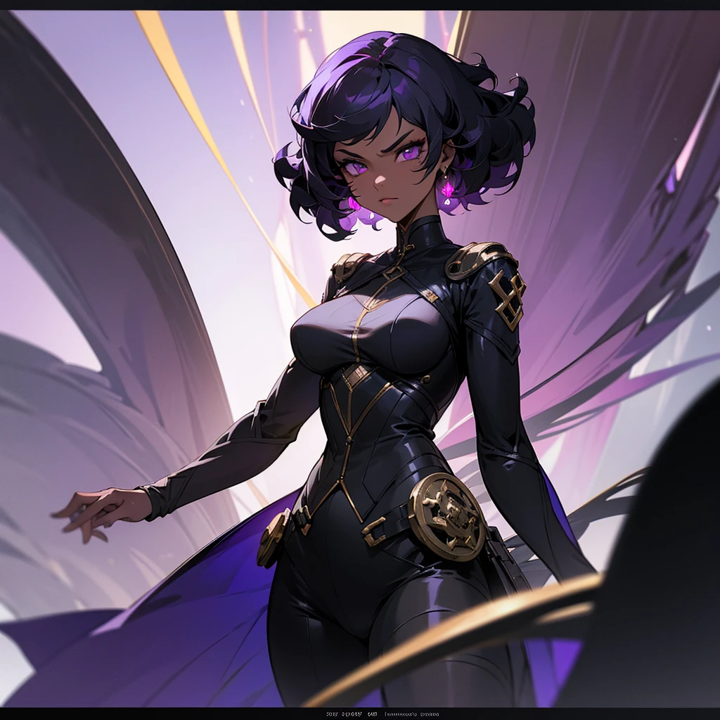 Black girl with villain vibes, inside of dark palace, expressive serious face, baddie style, dark skin , black girl, curly dark hair, purple eyes, purple light, wearing cropped with jacket, style pants, gold earrings ring, all body, dangerous person,masterpiece, best quality, night, movie poster, extremely detailed 8K, smooth, high resolution, ultra quality, cinematic lighting, ambient occlusion, hd, 2k, 4k, 8k, 16k, extremely detailed anime, detailed faces, perfect composition, wide shot, atmospheric lighting, no white body, curvy waist