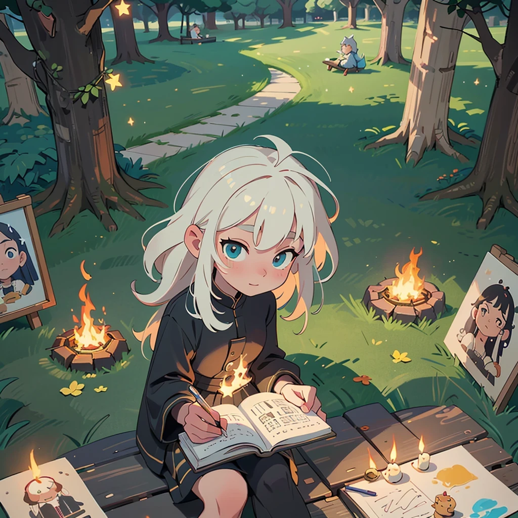 2D stylized image of artists at a park, reading, writing, painting, creating sculptures, friends, fun, inspirational, masterpiece, seen from above, many diverse people, different races and styles, fantastical looking, bird eye view, playing with fire, starry night, magical, making art, painting together, canvases, 