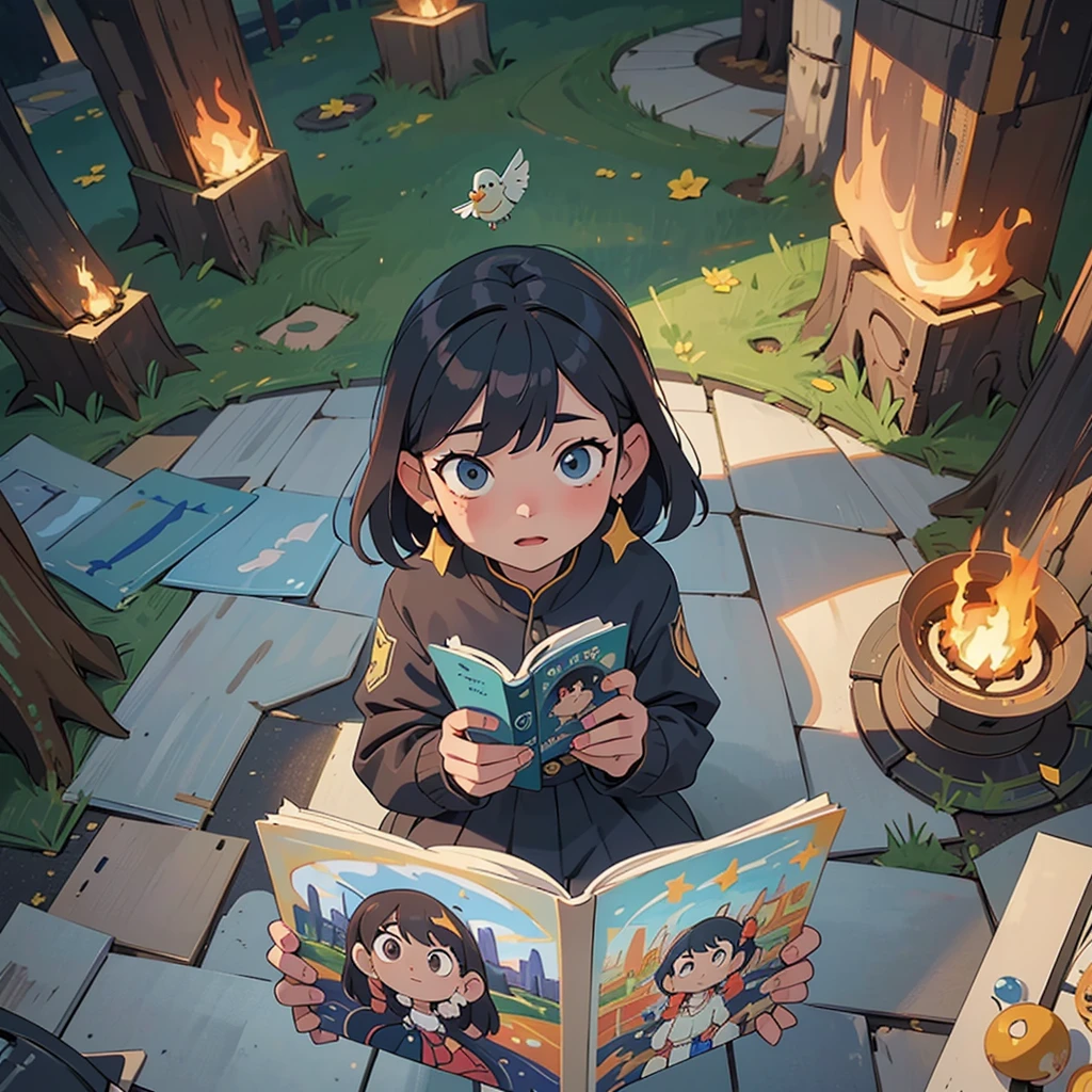 2D stylized image of artists at a park, reading, writing, painting, creating sculptures, friends, fun, inspirational, masterpiece, seen from above, many diverse people, different races and styles, fantastical looking, bird eye view, playing with fire, starry night, magical, making art, painting together, canvases,