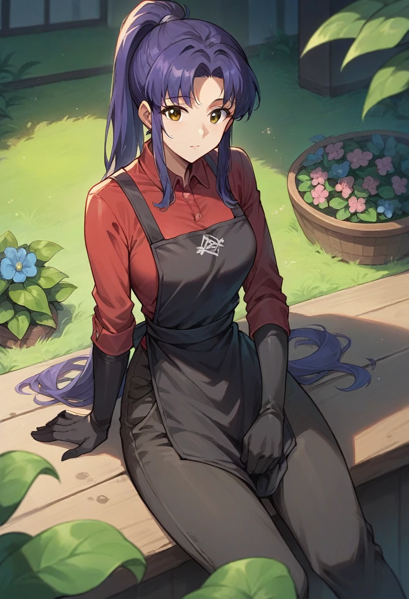 1girl, misato katsuragi, ponytail, ((blue half elbow gloves)), (red shirt), ((long sleeves)), (black apron), (pants), looking at viewer, plants flowers in the ground, in gloves, solo